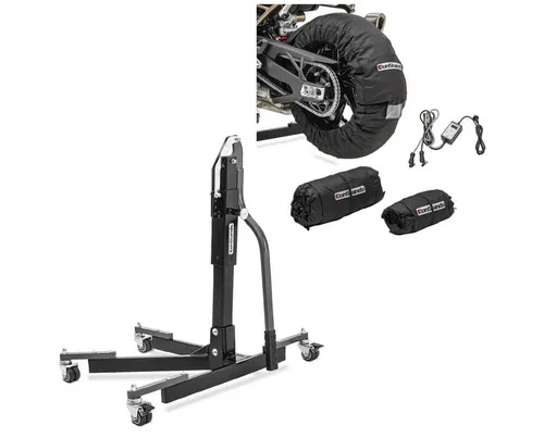 ConStands Motorradheber Set mit Reifenwärmer S18 - Wagenheber Set mit digitalem Reifenwärmer für optimale Temperaturregelung (30-99°C) und stabilen Zentralständer, ideal für Wartung und Pflege von Motorrädern.