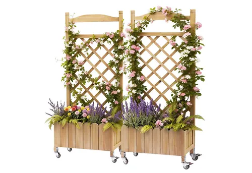 Rankgitter Pflanzkasten mit Rollen - Hochbeet aus Holz für Garten & Balkon - Kombination aus Pflanzkasten und stabilem Rankgitter, ideal für Kletterpflanzen. Wetterbeständig, mit Drainagelöchern und beweglichen Rollen für einfachen Standortwechsel. Maße: 49x28x116cm, 2er-Set.