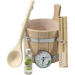 Infraworld Saunaset Idealo - Saunazubehör Set mit Klimamesser, Sanduhr, Schöpfkelle und 5 l Aufgusseimer aus Fichte – für ein entspanntes Saunaerlebnis!