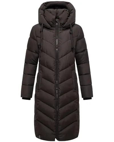Navahoo Damen Wintermantel Sahnekatzii XIV Choco Gr. XS - Eleganter langer Steppmantel mit abnehmbarer Kapuze, wasserabweisendem Material und kuscheligem Innenfutter. Ideal für kalte Tage, bietet er Komfort und schützt vor Kälte.
