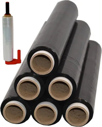 Stretchfolie 50cm 1,5kg 23my schwarz + Abroller - Sonstige Verpackungen: Hochwertige Stretchfolie mit hoher Reißdehnung für sicheres Einwickeln von Palettenware. 6 Rollen und 1 Abroller für effiziente Handhabung.