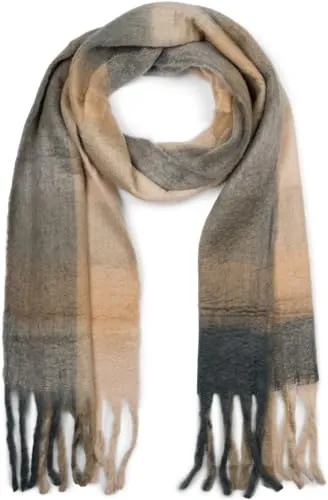 styleBREAKER Damen Web Strickschal mit Karo Muster - Warmer Web Strickschal in Grau-Beige-Braun mit dicken Fransen, ideal für kalte Tage. Vielseitig einsetzbar als Schal oder Stola, perfekt kombinierbar für jeden Look.
