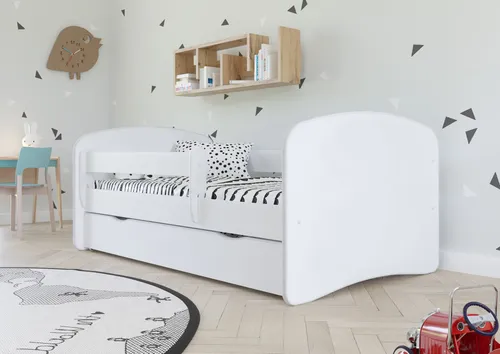 Bjird Kinderbett 70x140 cm Weiß mit Matratze, Rausfallschutz und Schublade - Sicheres Kinderbett mit abgerundeten Rändern, inklusive waschbarer Matratze und rollbarem Bettkasten – ideal für ein sicheres und aufgeräumtes Kinderzimmer.
