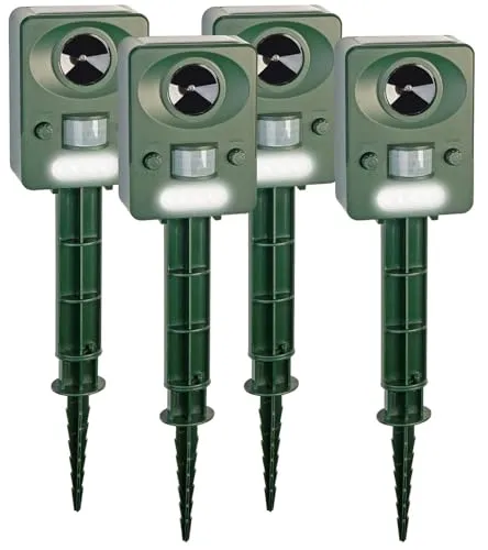 Exbuster Katzenabwehr: 4er-Set Ultraschall-Solar-USB-Tierschreck mit Blitzlicht & PIR-Sensor (Marder-Schreck, Solar-Ultraschall-Tiervertreiber, Maulwurf)
