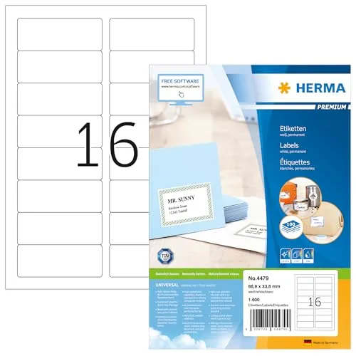HERMA 4479 Adressetiketten, 100 Blatt, 88,9 x 33,8 mm, 16 pro A4 Bogen, 1600 Stück, selbstklebend, bedruckbar, matt, blanko Papier Adressaufkleber Etiketten, weiß