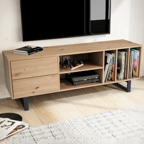 FINEBUY Lowboard FB56046 - Modernes TV-Möbel in Eiche-Dekor - Stilvolles Lowboard für Fernseher bis 70 Zoll, mit zwei Schubladen und offenen Ablagefächern für optimale Kabelorganisation und Stauraum.