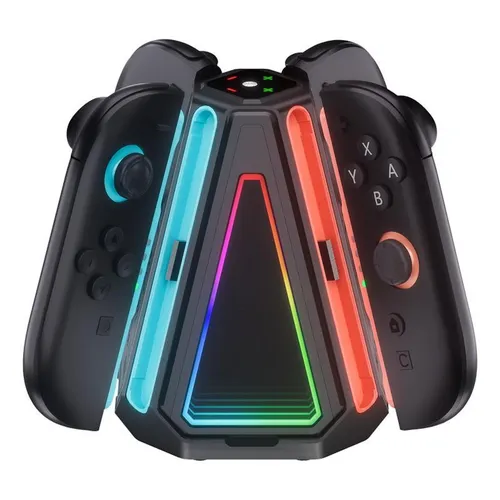 4-in-1 Dreieck-Ladestation für Joy-Con von Nintendo Switch 2 mit RGB Licht - Praktische Joy-Con Ladestation für Nintendo Switch 2. Kompakte Dreiecksform mit RGB-Beleuchtung und 4-fach Ladefunktion. Ideal für Gamer, die Wert auf effiziente Aufladung legen.