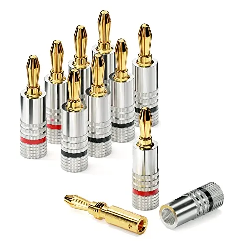conecto Bananenstecker Professionell, für alle Lautsprecherkabel mit einem Durchmesser von max. 6mm², 8 Stück mit umlaufenden Farbring, rot/schwarz, 24k vergoldete Stecker, silber