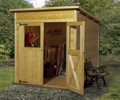 Holz-Gartenhaus 325 Gr. 1 Pultdach Eiche Hell Lasiert - Holz-Gartenhäuser: Modernes, robustes Gartenhaus mit Pultdach, einfacher Montage durch Steck-Schraubsystem und optimaler Schutz durch Lasierung.