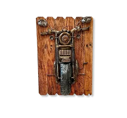 Metall Wandbild Motorrad auf braunen Holz-Planken 55 x 75cm Wand-Deko retro look vintage Skulptur