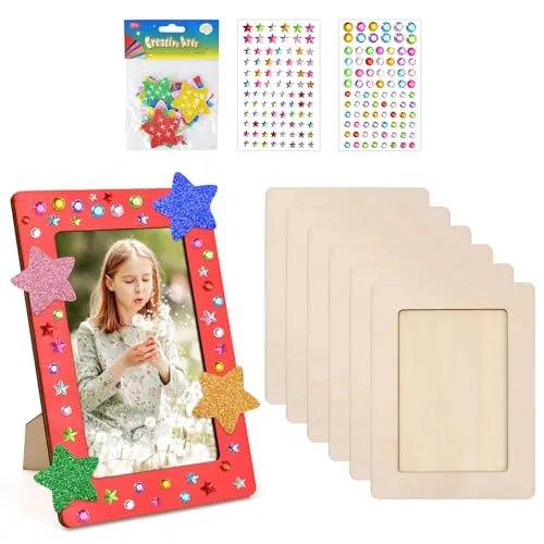 Wisebom 6 Stück Bilderrahmen für DIY, Holzbilderrahmen Kinder Holz Selbstklebende Glitzersteine Glitter Moosgummi Sticker Unvollendeter Holz-Fotorahmen für Geburtstage Bastelarbeiten Diy-Malprojekte