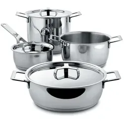 Alessi Pots&Pans - 7-teiliges Topf-Set in Silber - Hochwertiges Kochtopfset aus Edelstahl 18/10, geeignet für alle Herdarten, inklusive Induktion. Mit funktionalem Design und tropffreiem Ausgießen für müheloses Kochen.