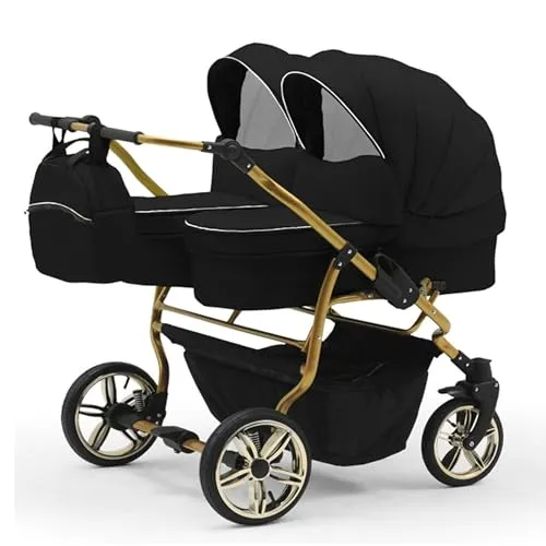 Zwillingskinderwagen 2 in 1 Duet Lux Goldedition - Multifunktionaler Kinderwagen für Zwillinge, inklusive 2 Wannen und 2 Sportsitzen. Ideal für Kinder von Geburt bis 4 Jahre, mit höhenverstellbarem Griff und 360° schwenkbaren Vorderrädern für besten Komfort.