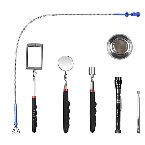 MEEQIAO 7er Teleskop Werkzeug, LED Magnet Inspektionsspiegel, Inkl. LED Licht der Aufnahmestange, Inspektionsspiegel und Taschenlampe, Teleskopgriff 360 Grad Drehbar, Auto, Van, LKW, Motorrad, Innen