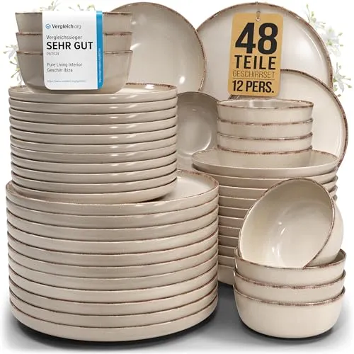 PURE LIVING INTERIOR DESIGN Geschirr-Set Steingut 48 tlg. für 12 Personen - Hochwertiges Geschirrset aus robustem Steingut mit einzigartiger reaktiver Glasur. Ideal für festliche Anlässe oder den täglichen Gebrauch. Spülmaschinen- und mikrowellengeeignet.