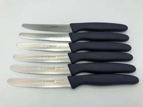 Giesser Messer - Made in Germany - 6er Set Brötchenmesser Tomatenmesser Küchenmesser Allzweckmesser Universalmesser Gemüsemesser 3mm Wellenschliff Klingenlänge 11cm Blau - frozen wood