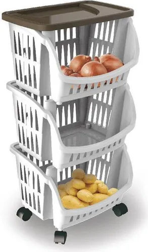 Küchenrollwagen mit Aufbewahrung Boxen 39.5 x 30 x 77 cm - Praktischer Küchenwagen aus Kunststoff, ideal zur Aufbewahrung und Organisation in der Küche, in elegantem Weiß/Beige.