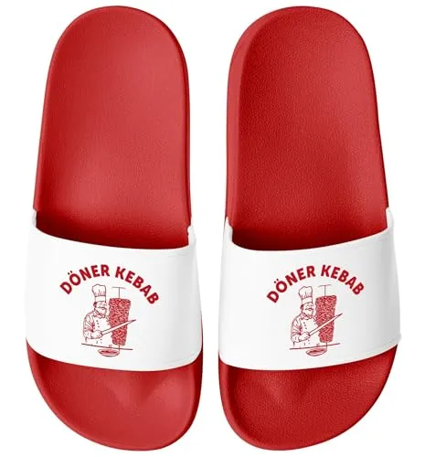 MoonWorks® Badeschlappen Lustig Bedruckt Döner Kebab Badelatschen Unisex mit Aufdruck Herren Damen Badeschuhe Rot-Weiss 44