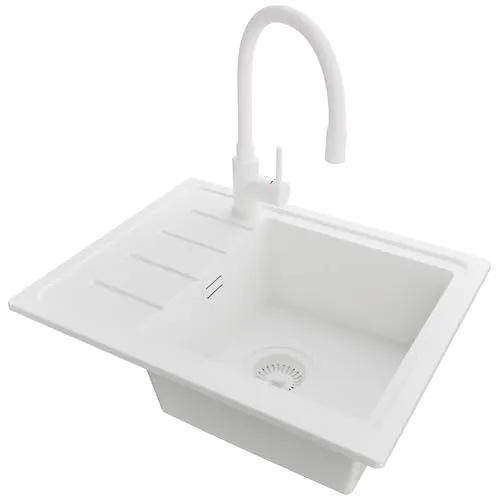 PRIMAGRAN Granitspüle Kopenhagen 550-45 Easy Weiß, 1 Becken + Küchenarmatur + Ablauf-Set