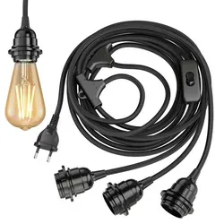 ledscom.de Textilkabel LEKA, Stecker, Schalter, schwarz , 8 m, Lampen-Fassung, 3x E27 max. 60W