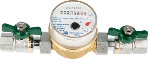 Einstrahlzähler ETK Kombi-Set (Kaltwasser) bis 30 Grad Länge 80 mm, inkl. Kugelhähne grün 1/2 Zoll