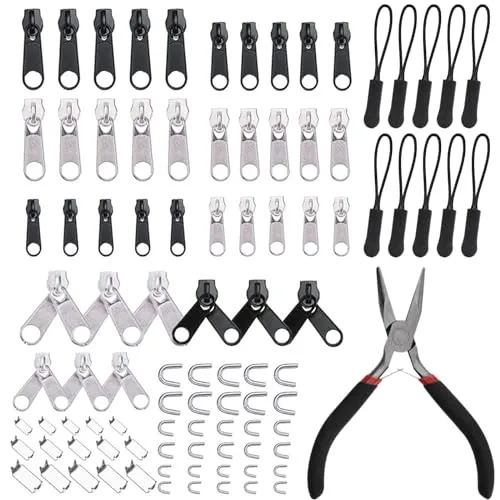 Gsrhzd Reißverschluss Reparatur Set, 95 Stück Reisverschlussreparaturset Zipper, mit Installieren Sie Zangen, für Bekleidung, Koffer, Taschen, Jacke, Jeans