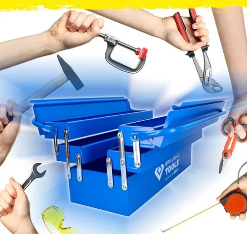 Brilliant Tools Metall-Werkzeugkasten BT150800, klappbar - Robuster Werkzeugkasten aus 0,6 mm Stahlblech mit fünf Einzelfächern zur optimalen Sortierung. Ideal für mobile Einsätze und sichert Ihre Werkzeuge zuverlässig.
