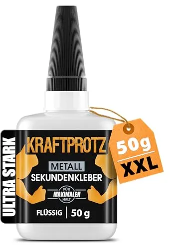 ARKA KRAFTPROTZ Sekundenkleber Metall flüssig extra stark – 50g XXL Superkleber - Klebstoffe für Metallverbindungen, wasserfest & hitzebeständig. Ideal für präzise Klebestellen und langlebige Reparaturen, auch im Outdoor-Einsatz.