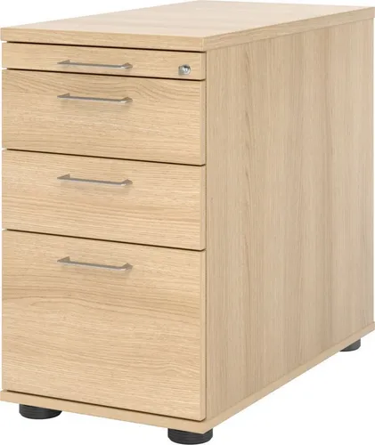 Standcontainer 80cm mit 2 Schubladen und Hängeregistratur - Büroschränke, stabiler Standcontainer aus Eiche mit Zentralverriegelung und Platz für Registermappen, ideal für Ordnung im Büro.