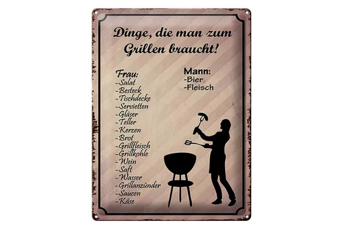 Femer GmbH Metallschild Spruch 30x40cm Dingen die zum Grillen braucht, (1 St), gewölbte Oberfläche, abgerundete Ecken, umgeschlagene Kanten