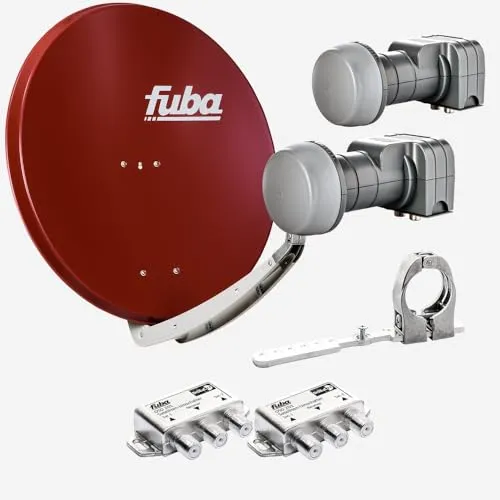 Fuba Sat Anlage 2 Teilnehmer - 2 Satelliten | Satellitenschüssel Komplettset - DAA 850 R Sat-Schüssel 85cm Alu rot + 2X Twin LNB 2 Teilnehmer + Multifeedschiene + 2X DiSEqC-Schalter(HDTV/4K/8K)