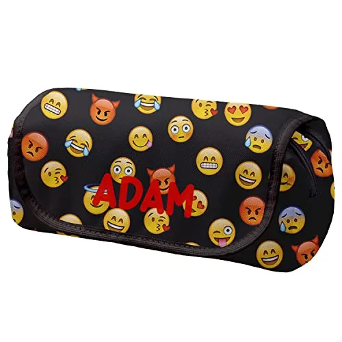 Ferocity Personalisierte Mäppchen Federtasche mit Namen Schlamperbox Federmäppchen mit Klettverschluss Klappe Schüleretui Stiftemappe mit Zwei Reißverschlüssen Emoji Black [151]