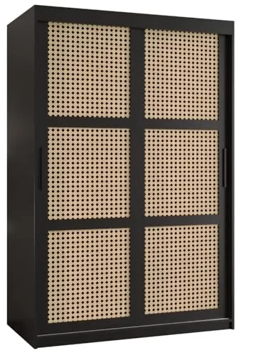 MEBLE KRYSPOL PLECIONKA WIEDEŃSKA Zweitüriger Schrank mit Schiebetüren, Stangen und Regalen - Aufbewahrungsschrank für Wohnzimmer - 200x120x62cm - Schwarz, Schwarz, Schwarz