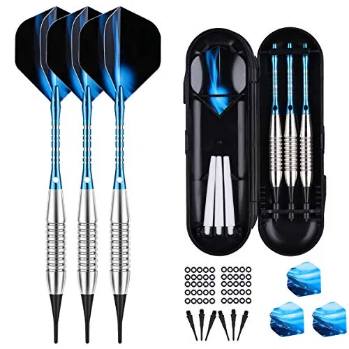 sanfeng Dartpfeile mit kunststoffspitze für elektronische dartscheibe 3 Stück, 18 Gramm E Dartpfeile Softdarts (16 Gramm Dart Pfeile), 6 Blau Shafts 6 Flights 50 Spitzen 50 Anti-Lose Gummiringe