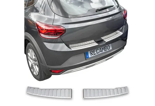 RECAMBO Ladekantenschutz für Dacia Sandero III - Abdeckblenden für optimalen Schutz und exklusive Optik. Hochwertiger V2A Edelstahl mit 3D-Passform, einfache Montage ohne Karosserieschäden.