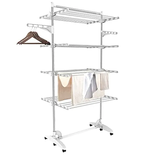 Todeco Wäscheständer Turm Klappbar, Wäscheturm 4 Ebenen aus Edelstahlrohre, Turmtrockner mit 6X Rollen, Flügel, Obene Stange, Mobiler Turmwäscheständer für Balkon Wohnzimmer Badewanne, Weiß