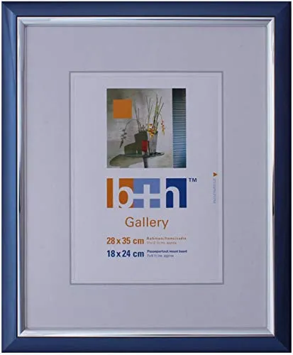 Bilderrahmen 28 x 35 Kunststoff blau metallic matt Innenrand silber glänzend Portrait-rahmen Foto Echt-Glas