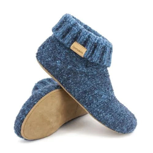 Gottstein Knit Boot (Blau, Größe 39) - Nachhaltiger Hausschuh aus 100% reiner Schurwolle, federleicht und handgefertigt in Tirol. Sohle aus Rindsleder für besten Komfort und Langlebigkeit.