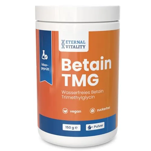 Eternal Vitality Betain TMG Pulver 150g | 99,5% Reinheit Laborgeprüft | Unterstützt Homocystein-Stoffwechsel | Herz & Leber Gesundheit | Nachhaltig gewonnen