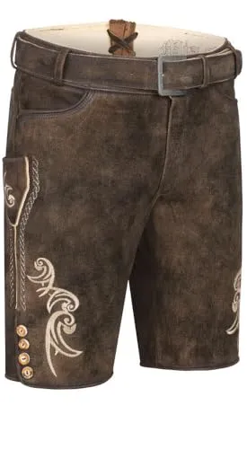 Nübler Lederhose Herren - Dunkelbraune kurze Trachtenhose im Landhaustil - Trachtenlederhose - Hochwertige bayerische Trachtenmode mit aufwendigen Details, ideal für festliche Anlässe und perfekt kombinierbar mit Trachtenhemden.