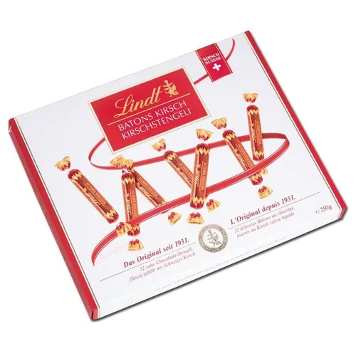 Lindt Kirsch-Stengeli, Schokoladen-Sticks - Schokolade mit fruchtiger Kirschfüllung, ideal für süße Momente und besondere Anlässe, 250g Packung