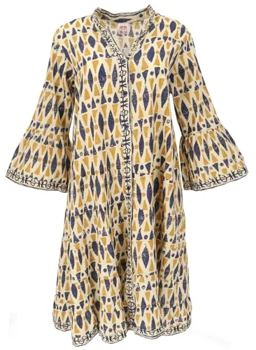 Boho Baumwoll Maxikleid - Oversize Sommerkleid in Senfgelb - Stilvolles Damenkleid mit V-Ausschnitt, ideal für Frühling und Sommer. Hergestellt aus 100% Baumwolle, bietet es einen lockeren Schnitt und komfortable Passform. Perfekt für lässige Anlässe!