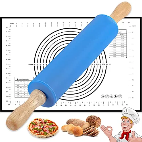 Nudelholz mit Backmatte - 43,2 cm Groß Edelstahl Teigroller mit Silikon Beschichtet - Antihaft Teigrolle Backzubehör mit Holzgriff für Pizza, Nudelteig, Cookie, Kuchen, Fondant, Gebäc, Teig - Blau