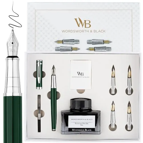 Wordsworth & Black Füllfederhalter-Geschenkset, beinhaltet Tintenflasche, 6 Tintenpatronen, Tintenauffüllkonverter, 4 Ersatzfedern, Premium-Paket, Journaling, Kalligraphie, [Grüner Chrom]