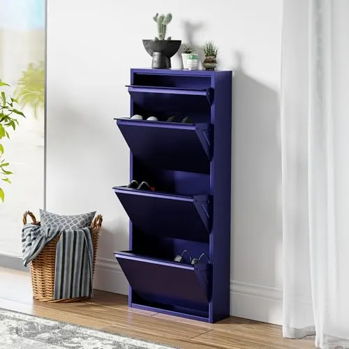 [en.casa] Schuhschrank Sokndal - Kompakter Schuhkipper für 6 Paar Schuhe - Schuhschrank in Nachtblau, ideal für kleine Räume: Mit 4 Klappen und zusätzlichem Fach für Zubehör – stilvoll und ordentlich organisiert.