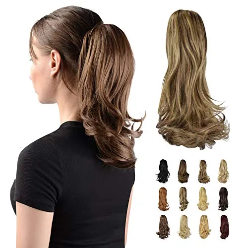 Sofeiyan 33cm Pferdeschwanzverlängerung Langer lockiger Pferdeschwanz Clip in Klaue Haarverlängerung Natürlich aussehendes synthetisches Haarteil für Frauen, Goldbraun & Hellblond