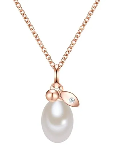 Valero Pearls Damen-Kette mit Anhänger - Ketten für Damen: Filigrane rosévergoldete Kette aus Sterlingsilber mit funkelndem Anhänger aus Süßwasser-Zuchtperle und Zirkonia - das perfekte Geschenk für jeden Anlass.