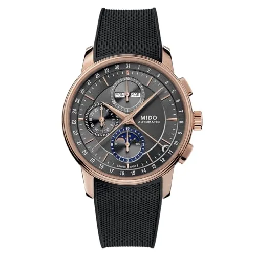 Mido Baroncelli Moonphase Chronograph M027.625.37.061.00 - Eleganter 42mm Chronograph - Chronographen mit grauem satiniertem Zifferblatt und hochwertigem Kautschukarmband, perfekt für stilbewusste Männer.