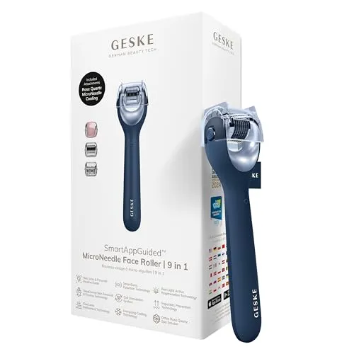 GESKE SmartAppGuided™ MicroNeedle Face Roller 9 in 1 mit Rosenquarz - Toninggerät für das Gesicht mit Anti-Aging-Massage und Red Light Active Regeneration Technology für straffere, glattere Haut und verbesserte Aufnahme von Pflegeprodukten.