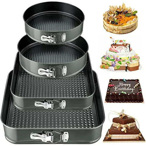 NCKIHRKK 4er-Set Springform, 16/20cm Kuchenform Rund und 22/26 Kuchenform Eckig, Carbonstahl Antihaftbeschichtete Backform Rund Rechteckig mit Abnehmbarem Boden, Grau